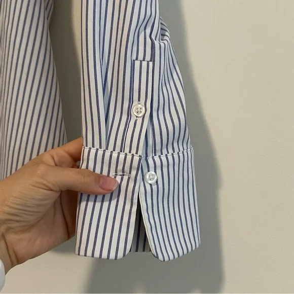 Ministry of Supply Women's White and Blue Striped Button-Down Shirt - Picture 8 of 12